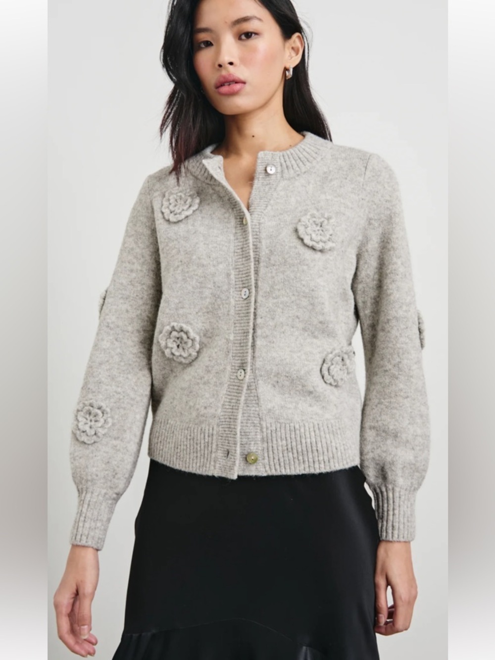 Rails Francesca 3D Floral Embellished Wool Cardigan in Heather Grey